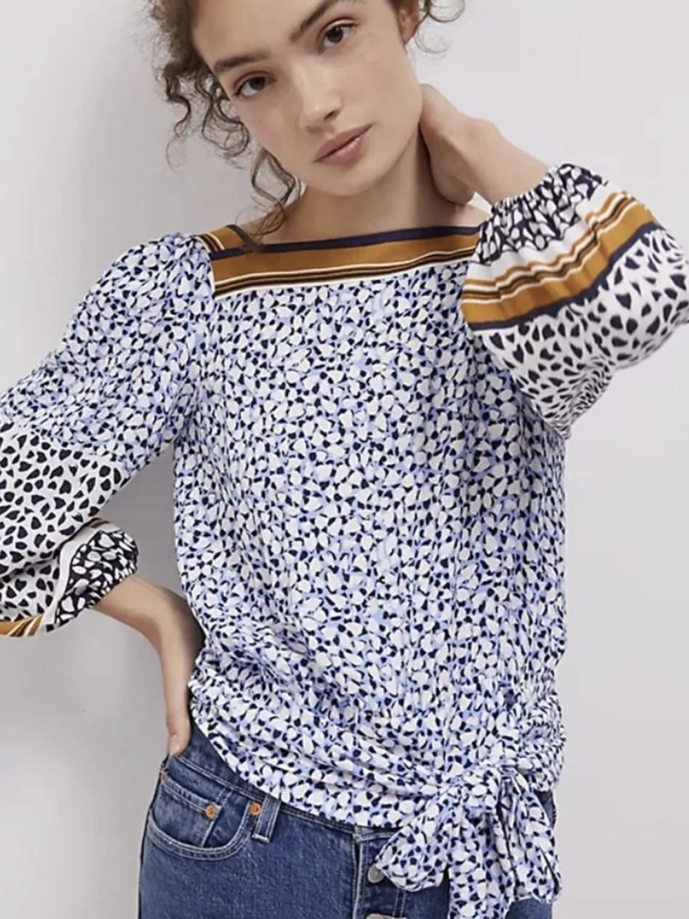 Anthropologie Blue White and Mustard Mixed-Print Puff-Sleeve Blouse